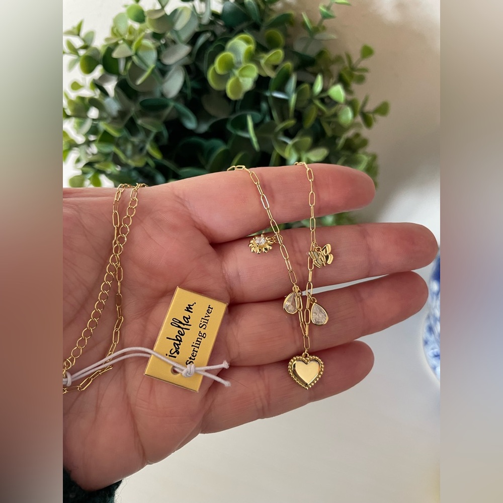 ISABELLA M. Sterling silver 925 Necklace 16" + 2" heart  butterfly CZ Charms NWT